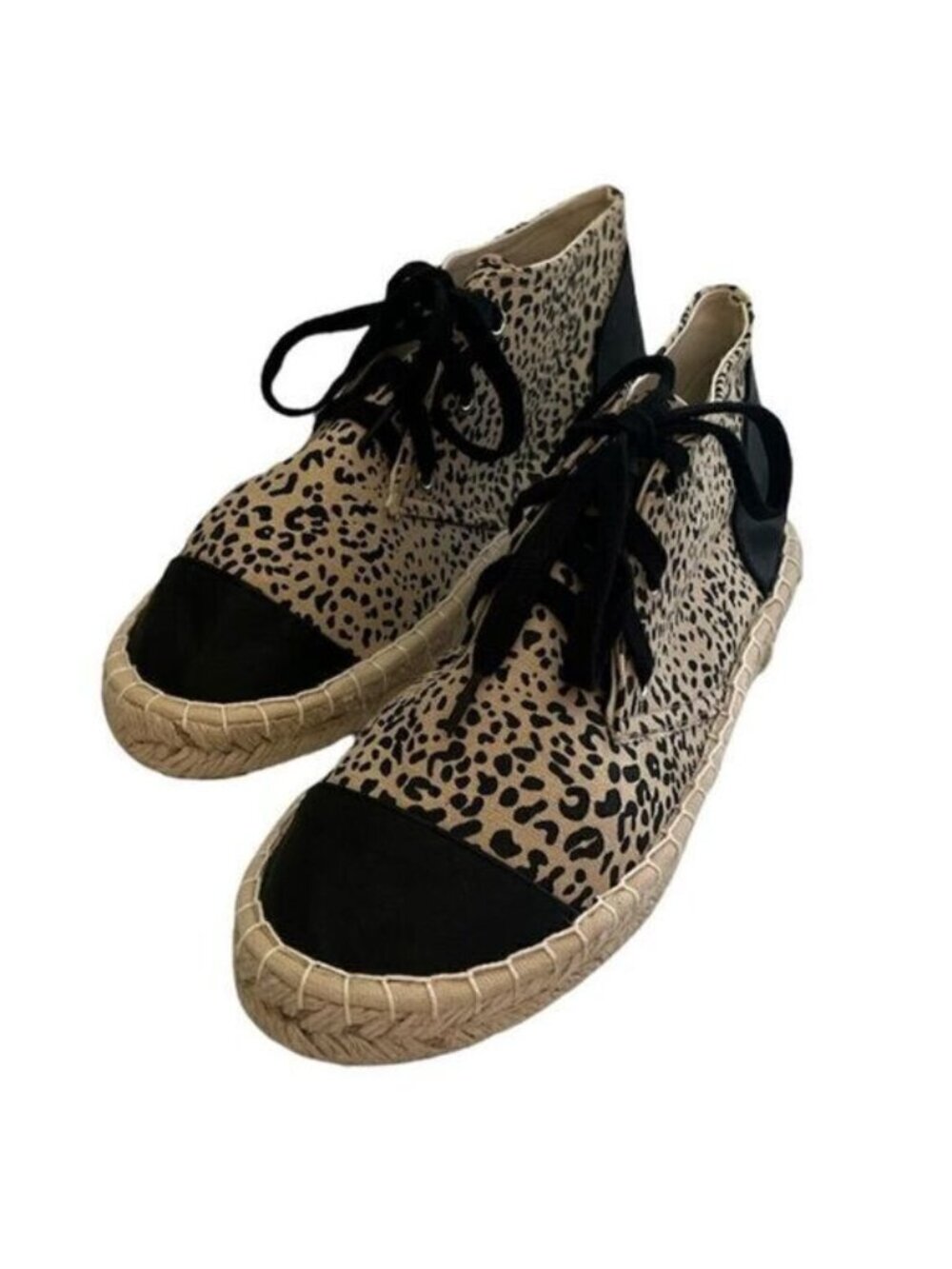 JustFab Parnella‎ Black and Brown Leopard Print Tie Sneakers Espadrille Sz 8.5
